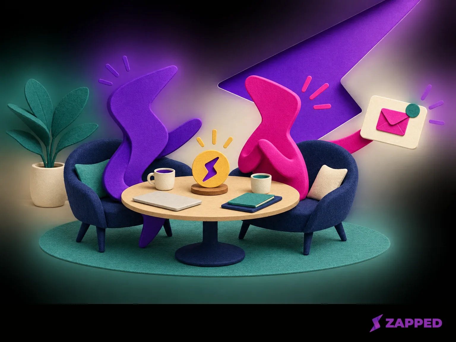 Editorial illustration of a positive conversation and completed project leading to a blank referral message card.