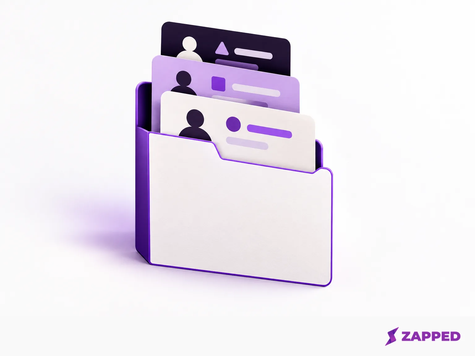 Several abstract contact record sheets sit inside one file sleeve, showing that one file can hold multiple contacts