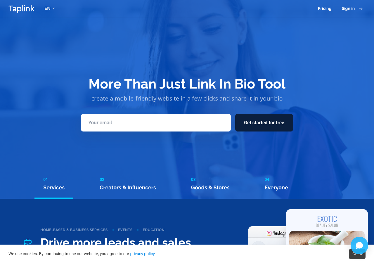 Taplink homepage showing bio link and mobile landing page positioning