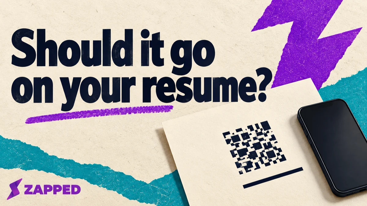 An abstract QR-like square sits on a blank resume beside a separate readable-link line, with a phone nearby and no screen content visible.