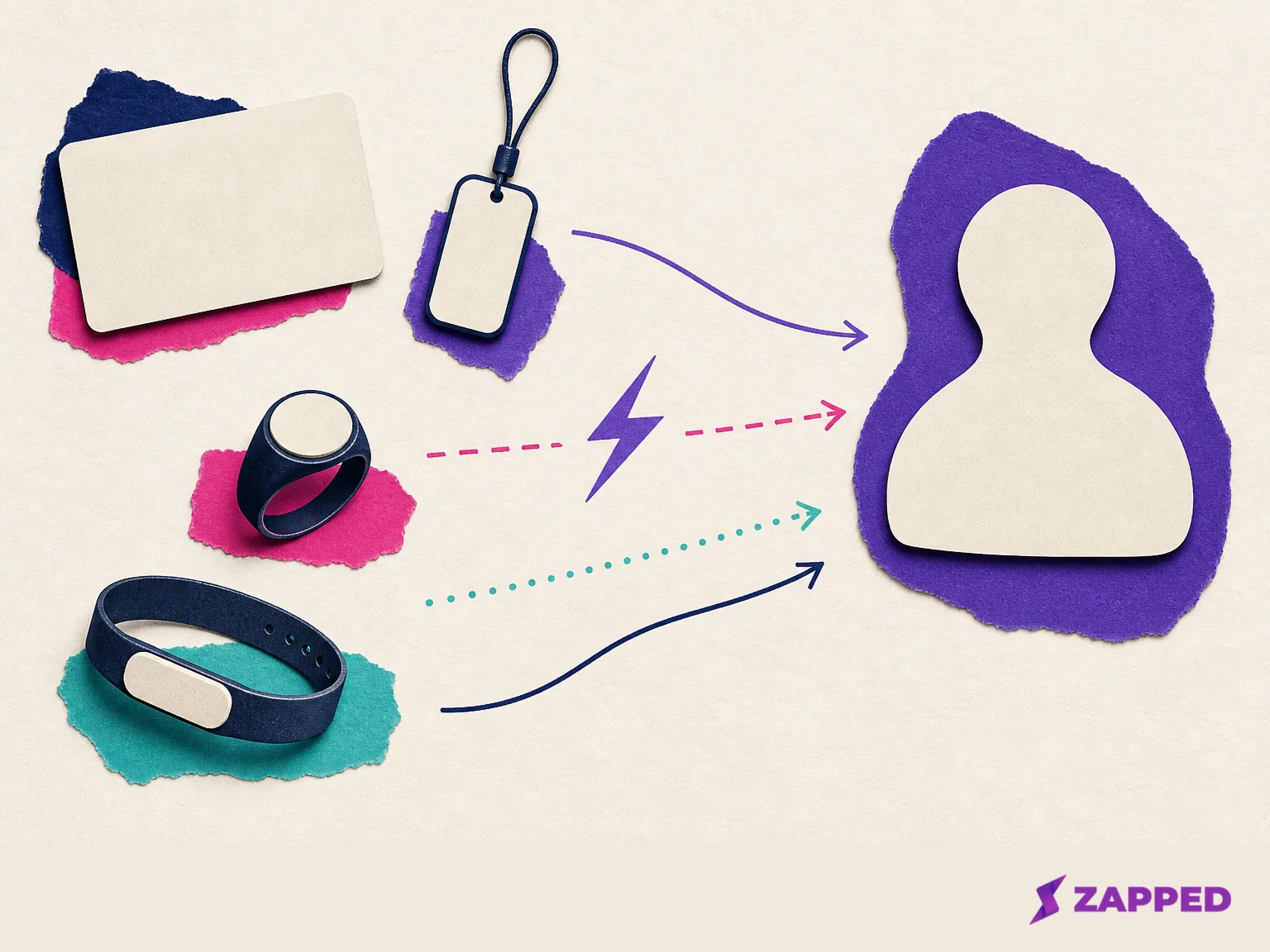 Blank business card, phone tag, ring, and bracelet silhouettes point toward an abstract profile shape.