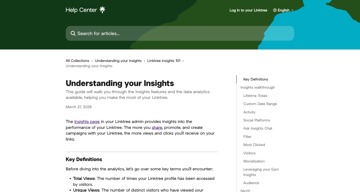 Linktree Insights help article showing definitions for views, clicks, and click rate