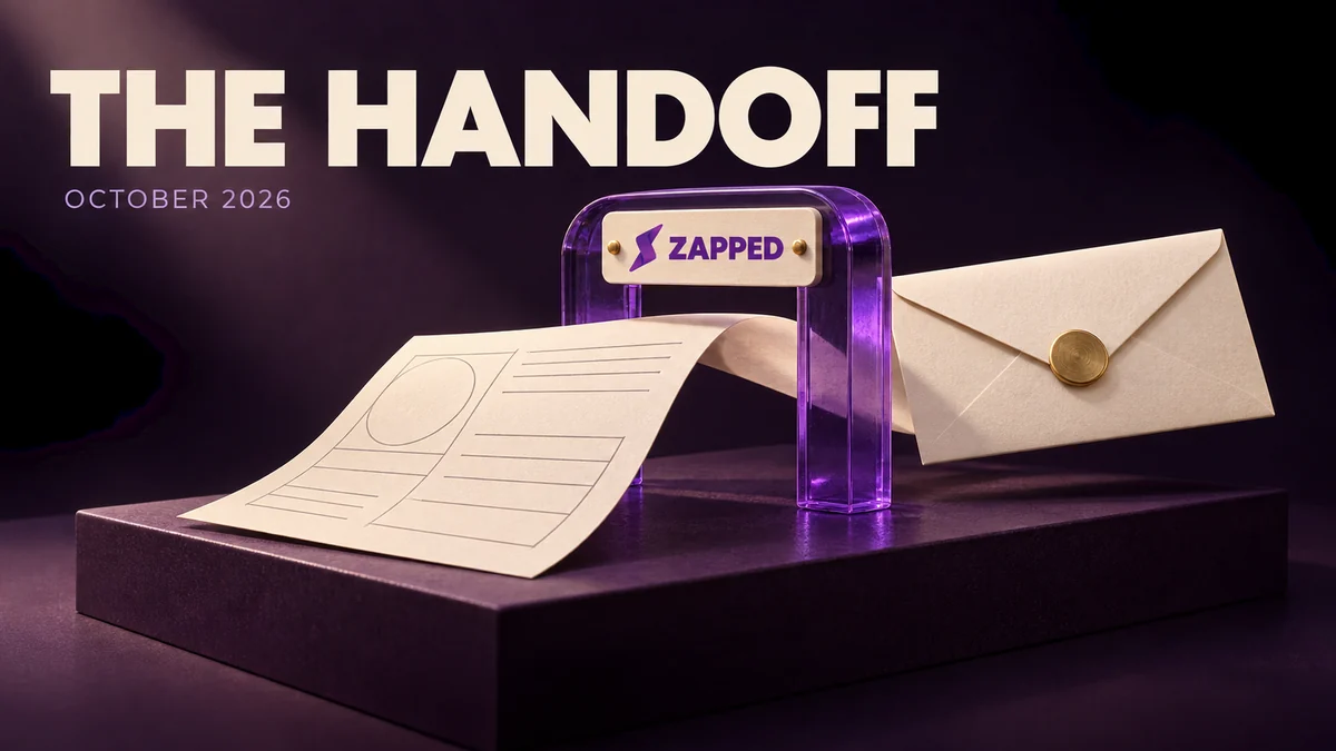 A Zapped profile moves from a spreadsheet through an owner review checkpoint toward a signed lead delivery.