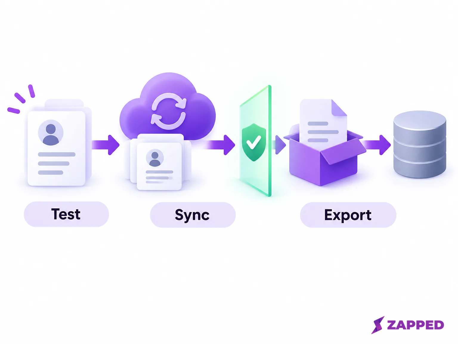 Illustration of a sample lead moving through test, sync, and export, with a checkpoint before CRM delivery.