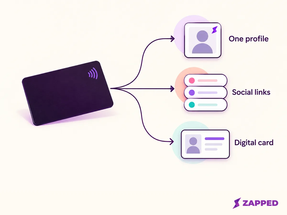 A single NFC card branches to three labeled destinations: one profile, social links, or a digital card.
