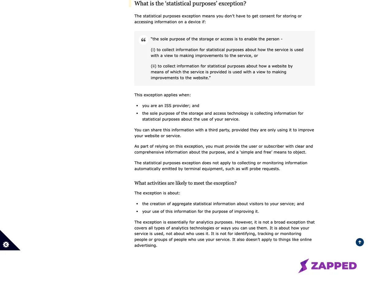 Screenshot of Information Commissioner's Office guidance stating that the analytics exception is about how a service is used and not about who uses it