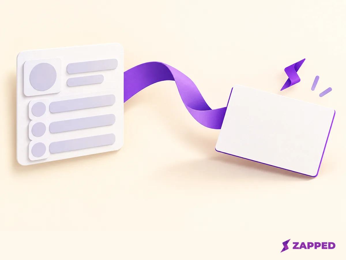 An abstract contact record transforms into a blank business card through a purple paper ribbon.