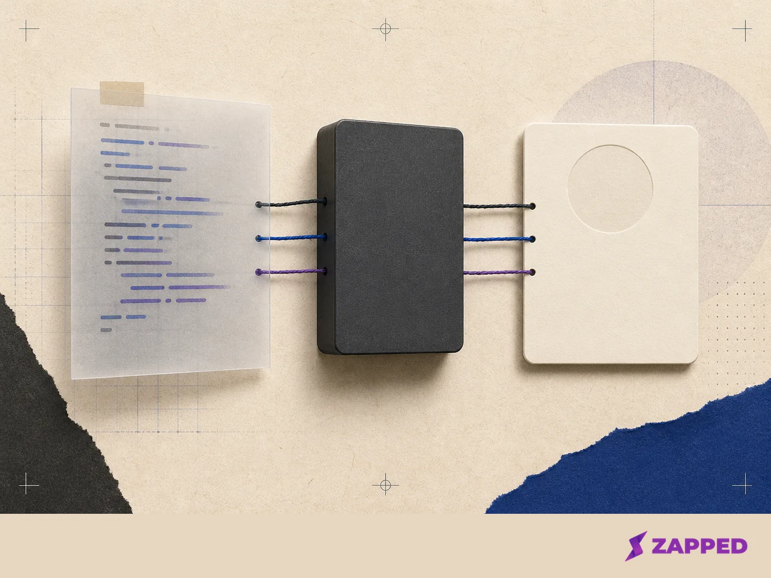 An abstract code sheet, server box, and blank profile card linked as three physical layers of digital card ownership.