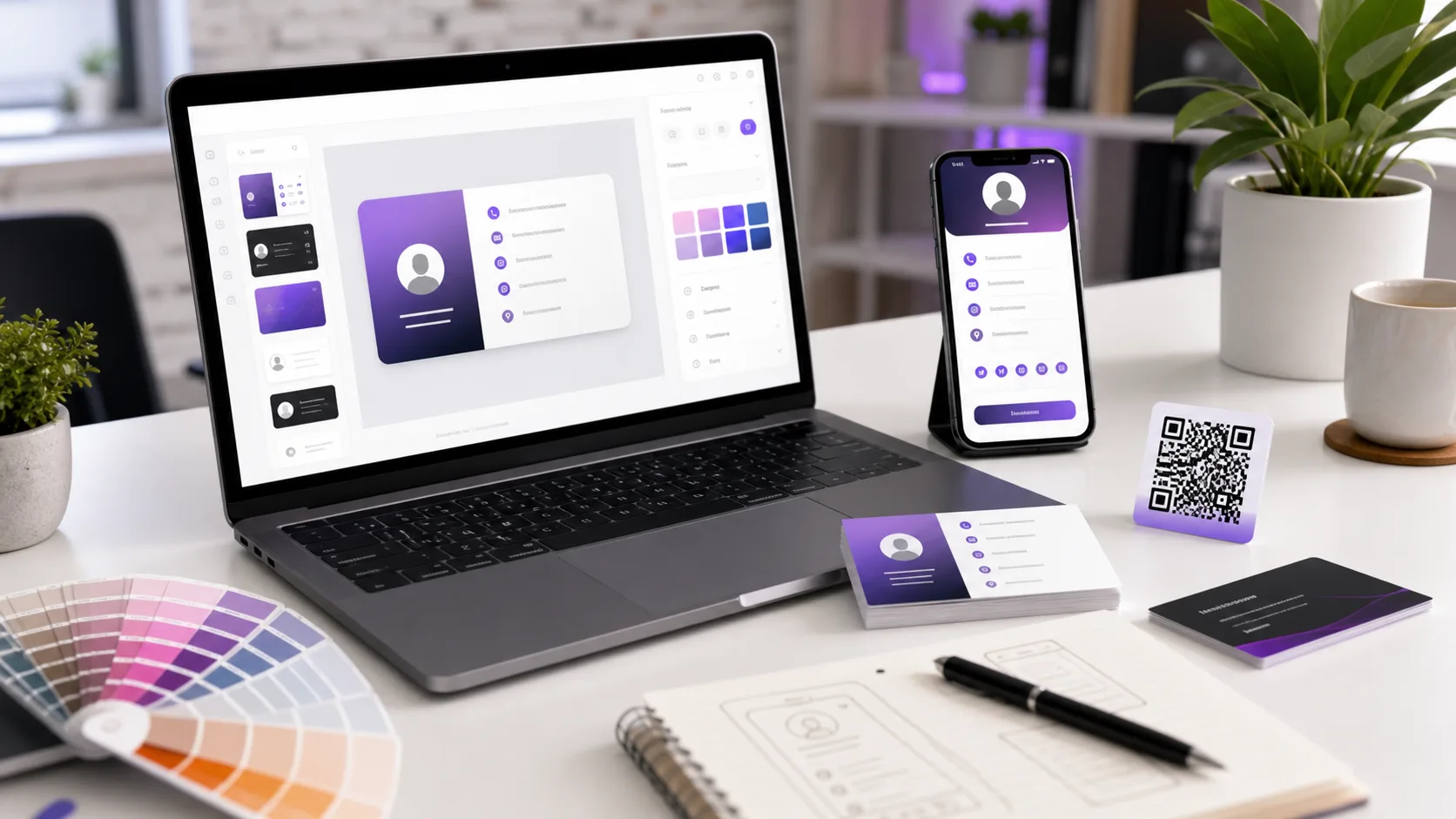 Online business card editor with phone preview, printed cards, and QR code