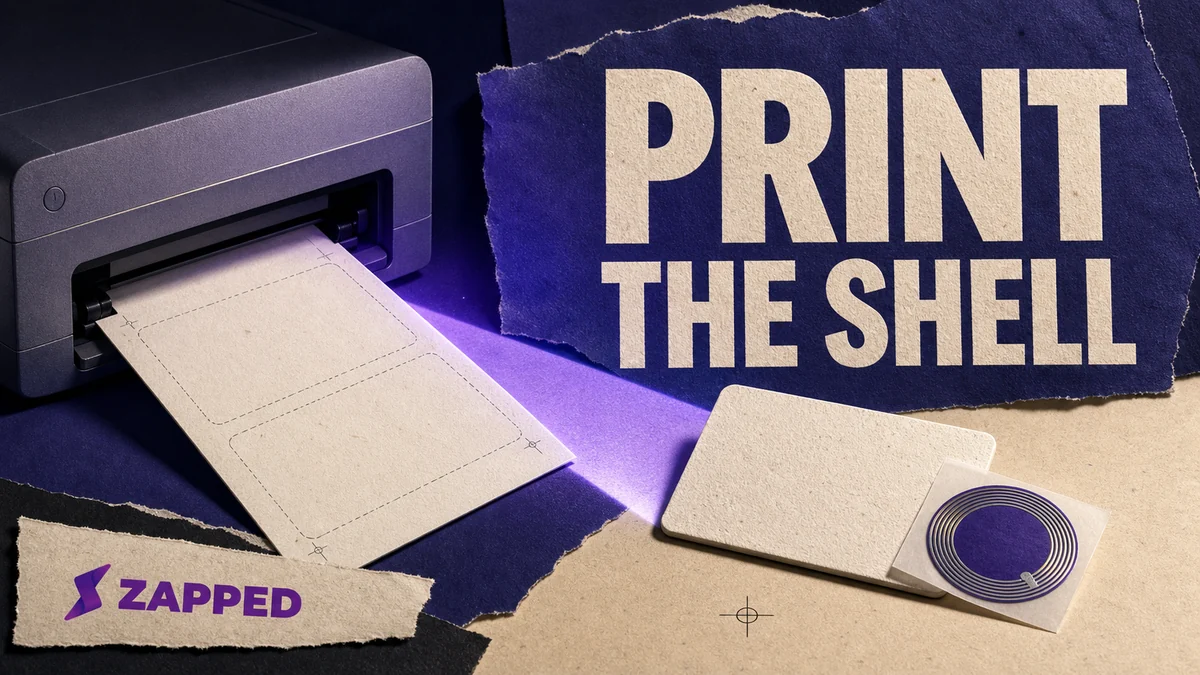 A blank printed business card, a desktop printer, cardstock, and a separate NFC sticker arranged as a home printing setup