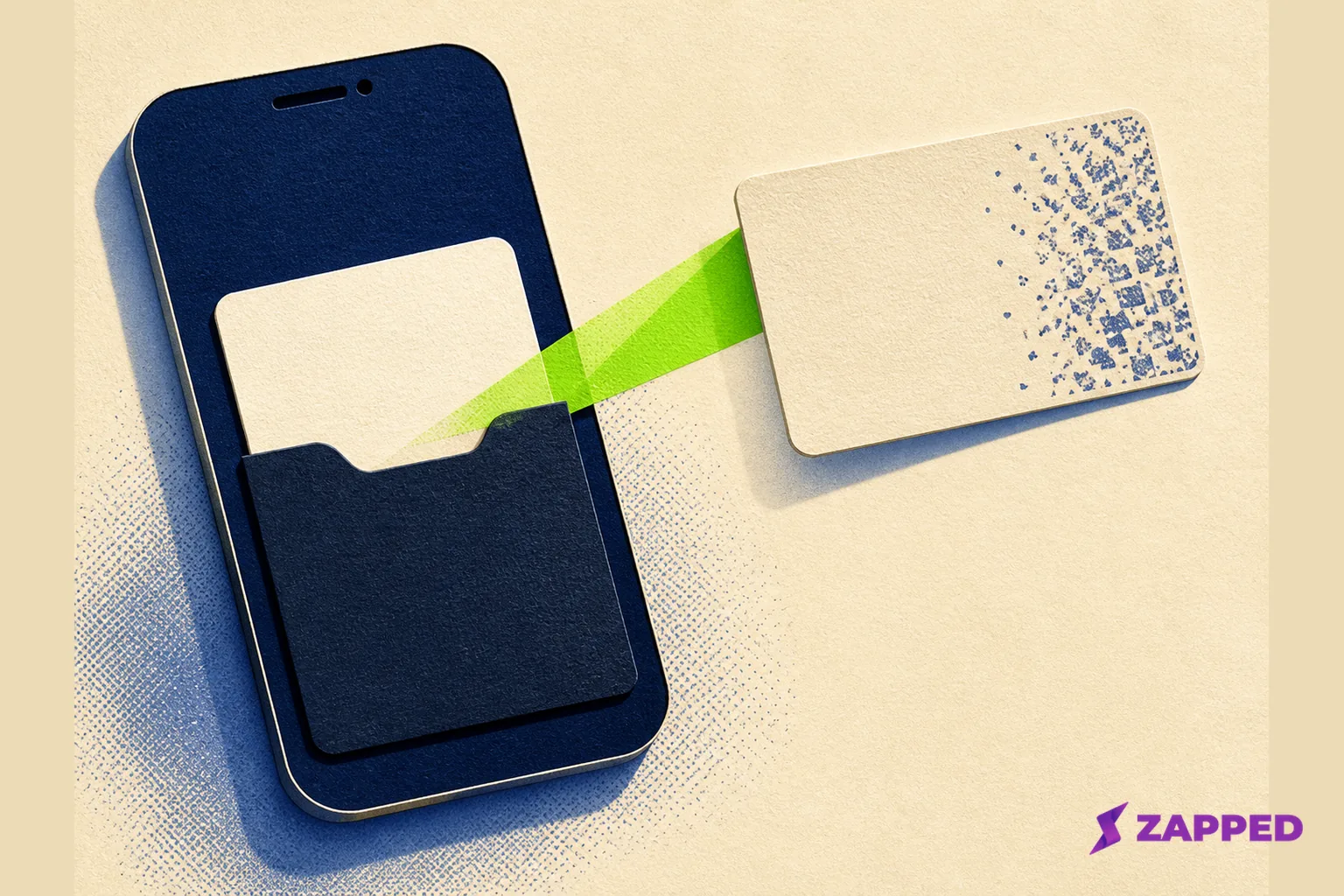 Editorial illustration of a wallet card, abstract QR pattern, and contact transfer gesture