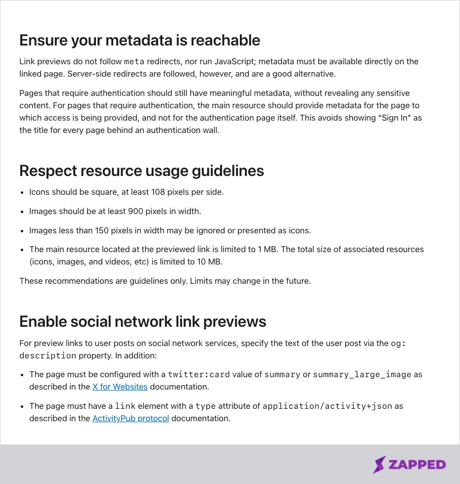 Apple's TN3156 technote showing that Messages link previews do not run JavaScript or follow markup redirects, and the resource size guidelines for preview images