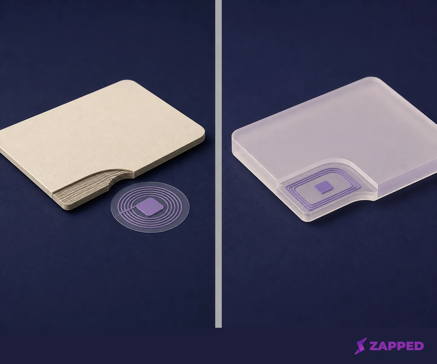 Side by side concept showing a paper card with a separate NFC sticker beside a plastic card with an embedded NFC inlay