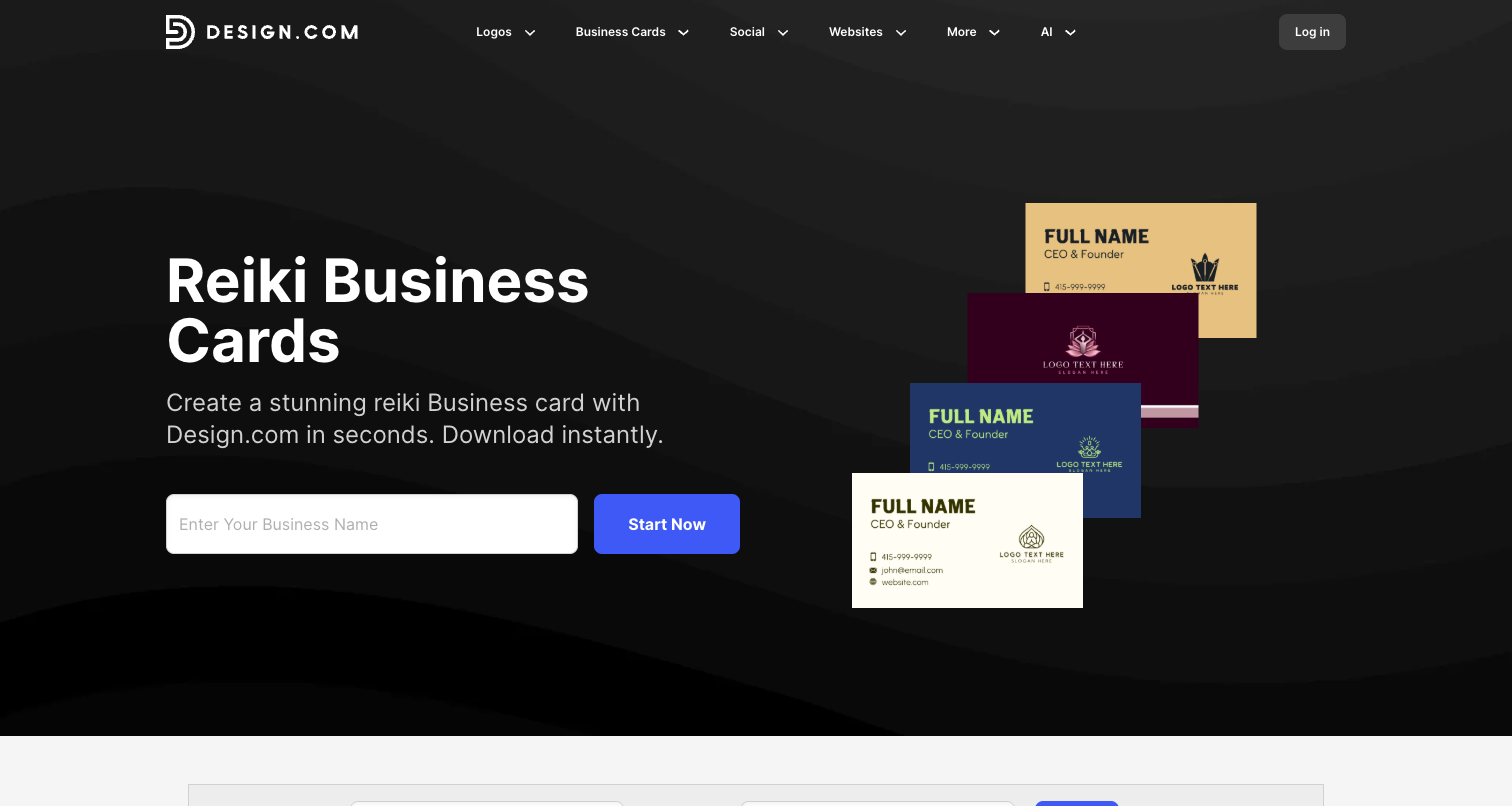 Design.com Reiki business card page showing Reiki card template examples