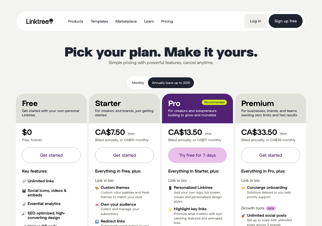 Linktree pricing page showing current plan options and paid feature positioning