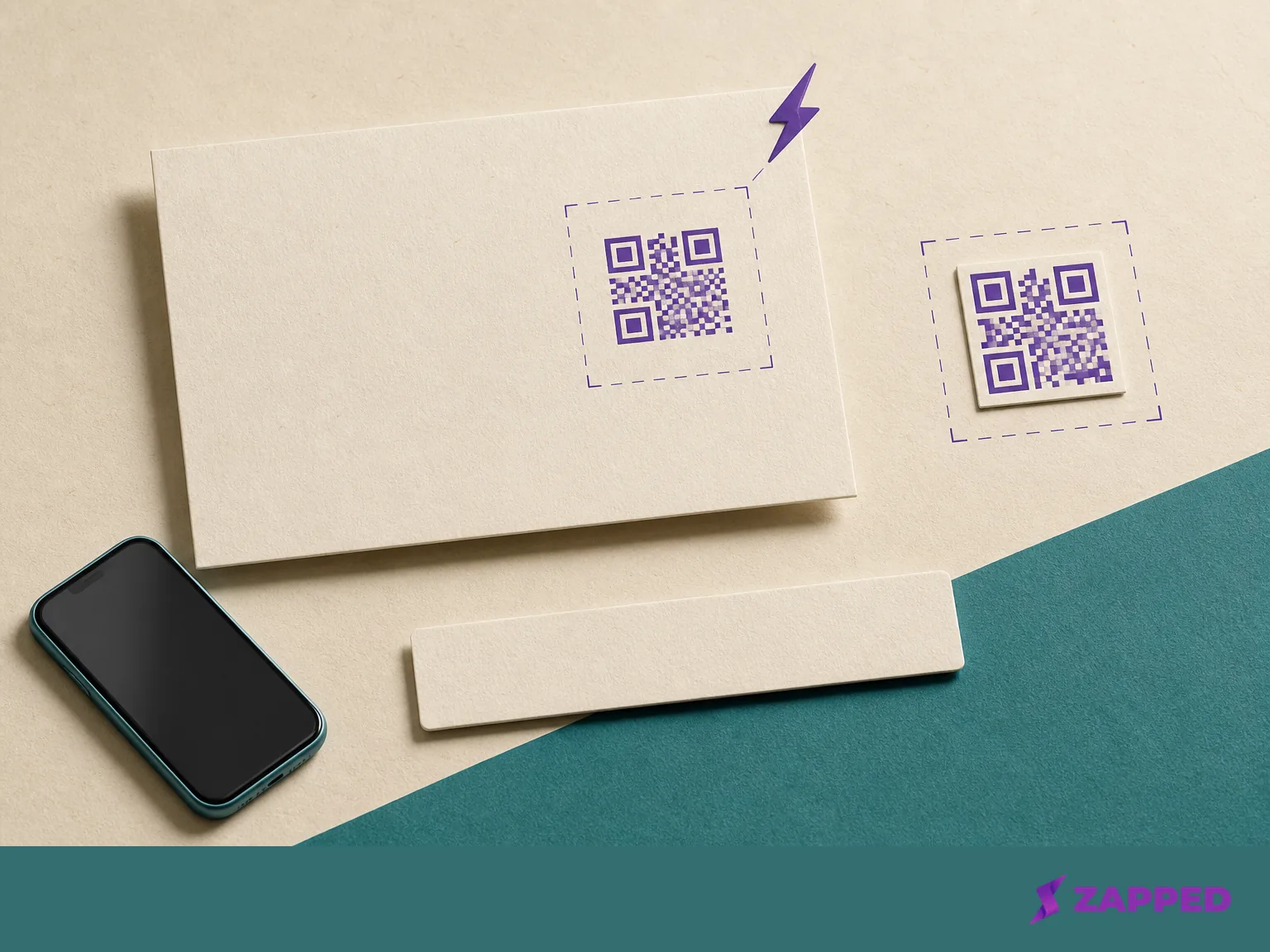 Illustrated card, QR-like square with breathing room, phone, and blank URL fallback strip
