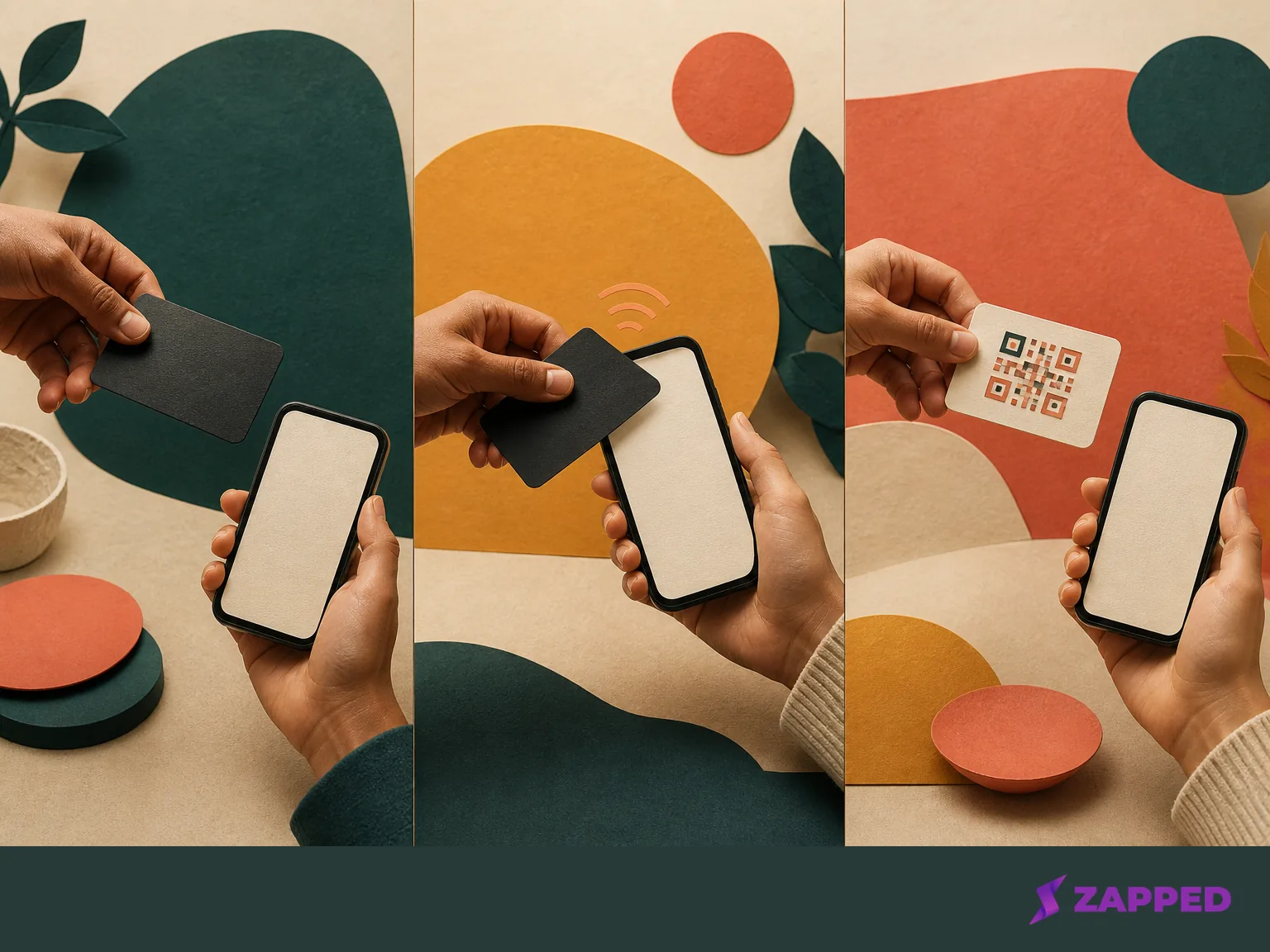 Three illustrated moments show an NFC business card being offered, brought near a phone, and replaced by a QR fallback card