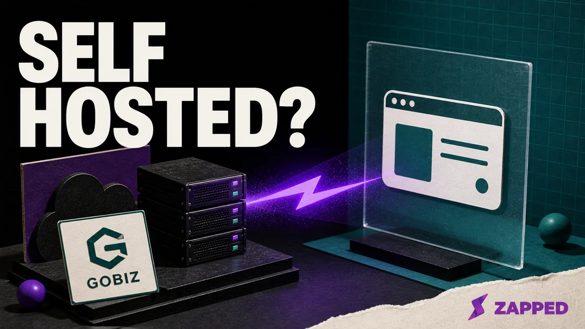 Editorial illustration of a digital business card platform decision, with a branded profile card, server stack, and hosted browser card arranged on a clean desk.