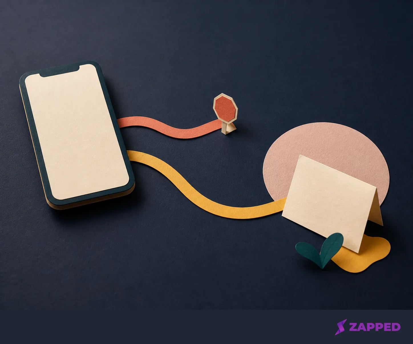 Blank phone and contact card connected by two paper paths, one paused and one continuing