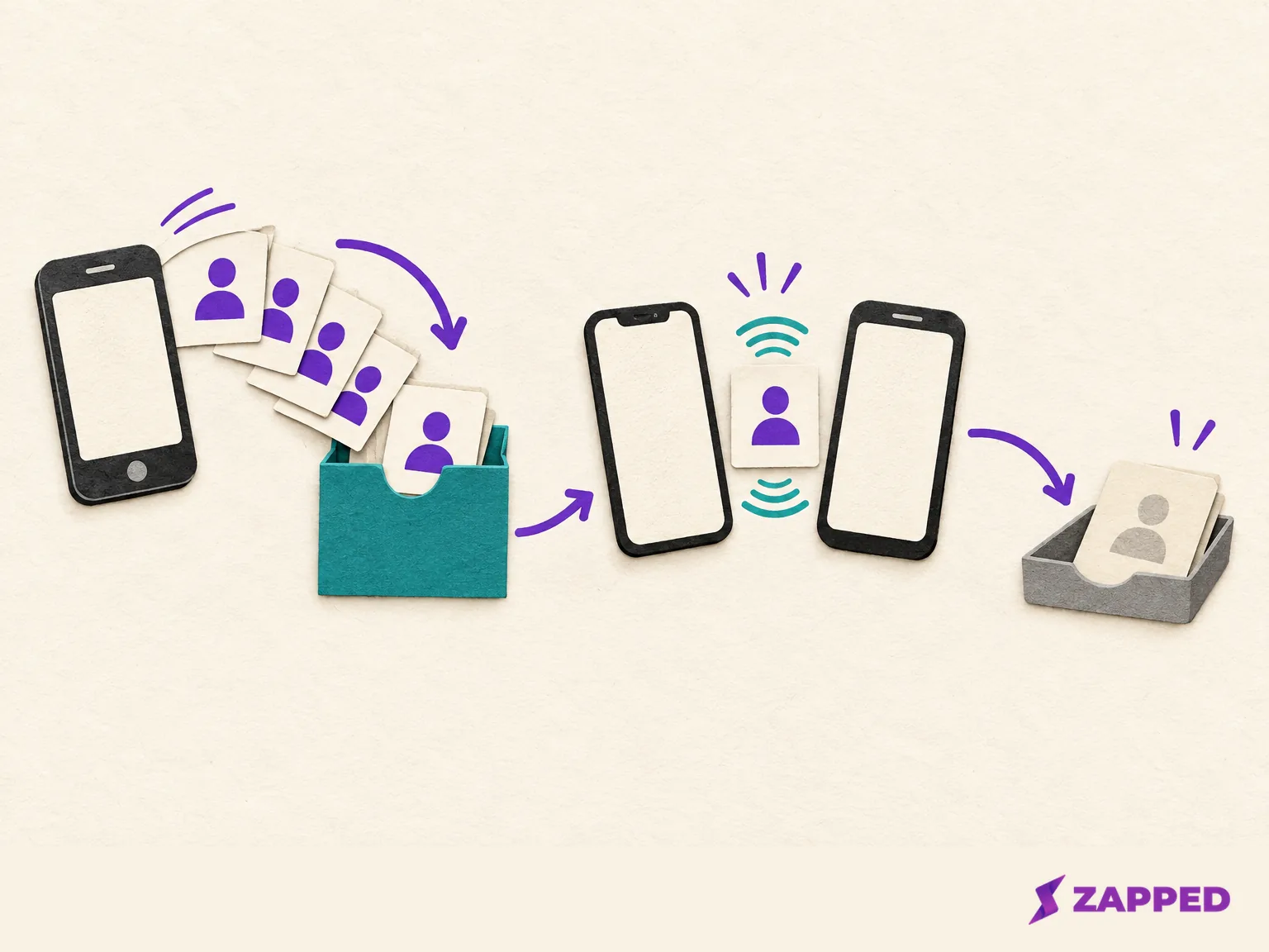 A conceptual sequence shows contact cards leaving a phone, a new blank profile being tested between phones, and an older card set aside.