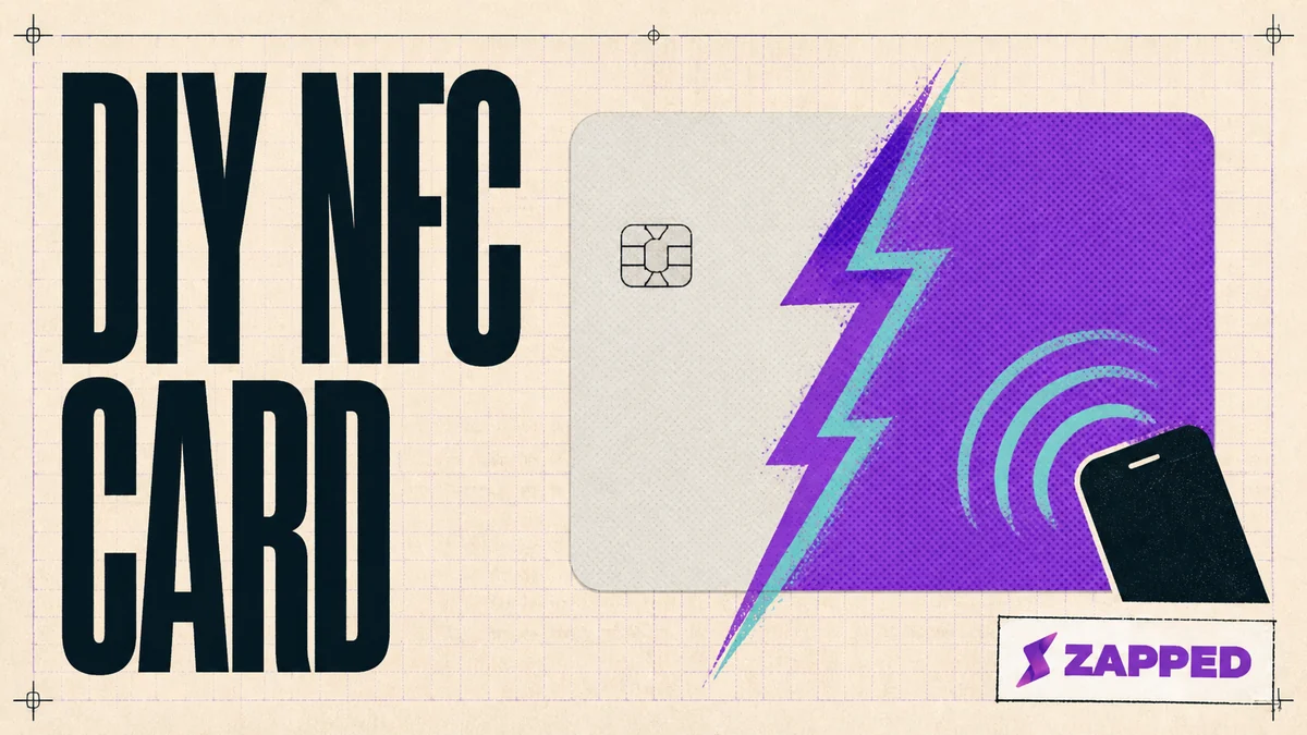 Editorial illustration of a blank NFC tag turning into a finished business card as a phone taps it, representing a homemade NFC card build