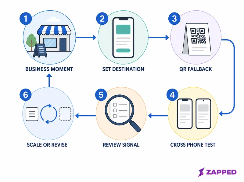 Pilot workflow showing one business moment, a live destination, QR fallback, cross phone testing, review signals, and a scale or revise decision