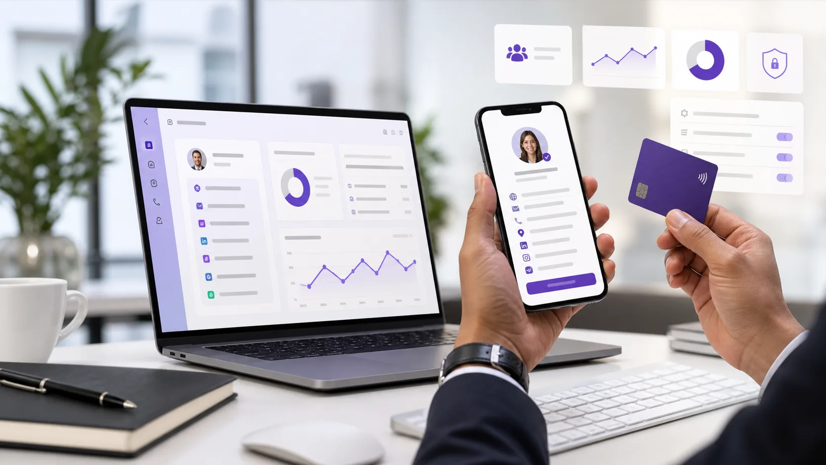 Laptop dashboard, phone profile, and NFC card showing core digital card app features
