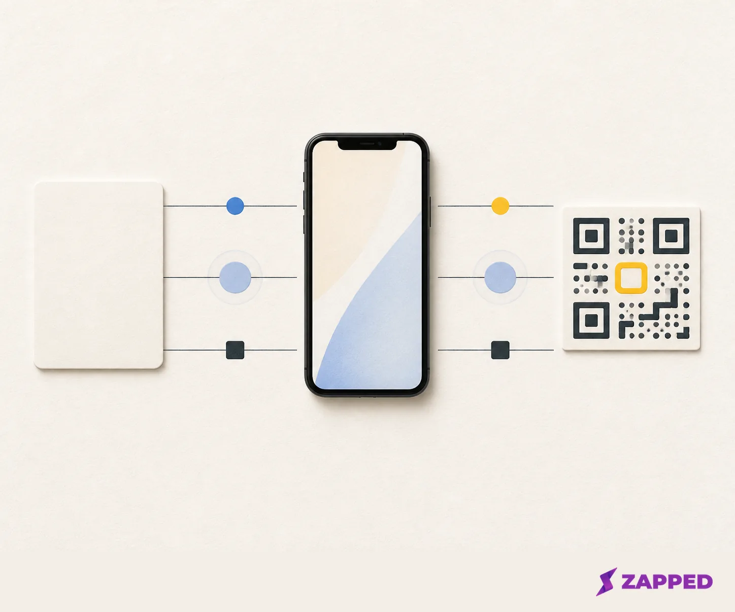 An unlabelled card, phone, and conceptual QR symbol connected by neutral lines.