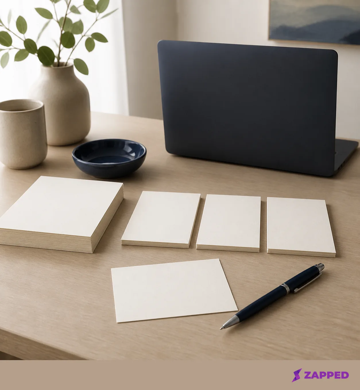 Desk with blank note cards, a pen, and a turned away laptop prepared for a virtual networking conversation