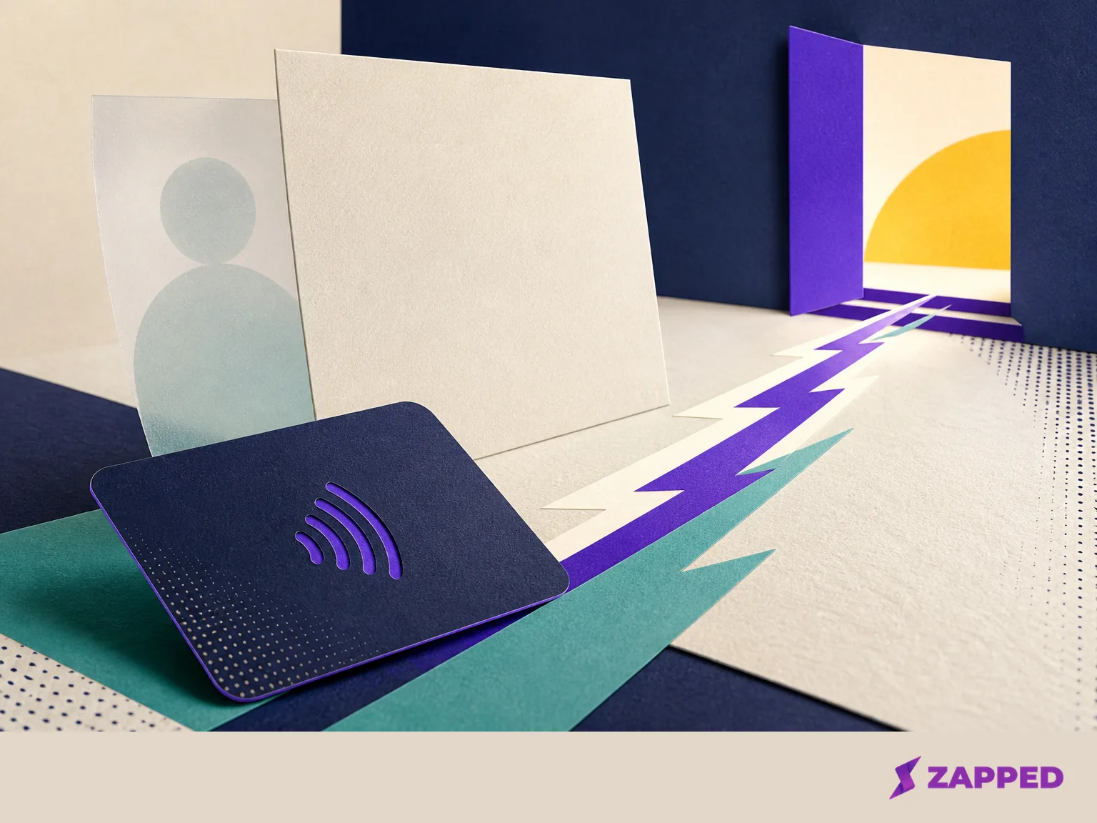 Abstract editorial illustration showing a physical card, neutral profile sheet, and directional gesture toward a booking or collaboration moment.