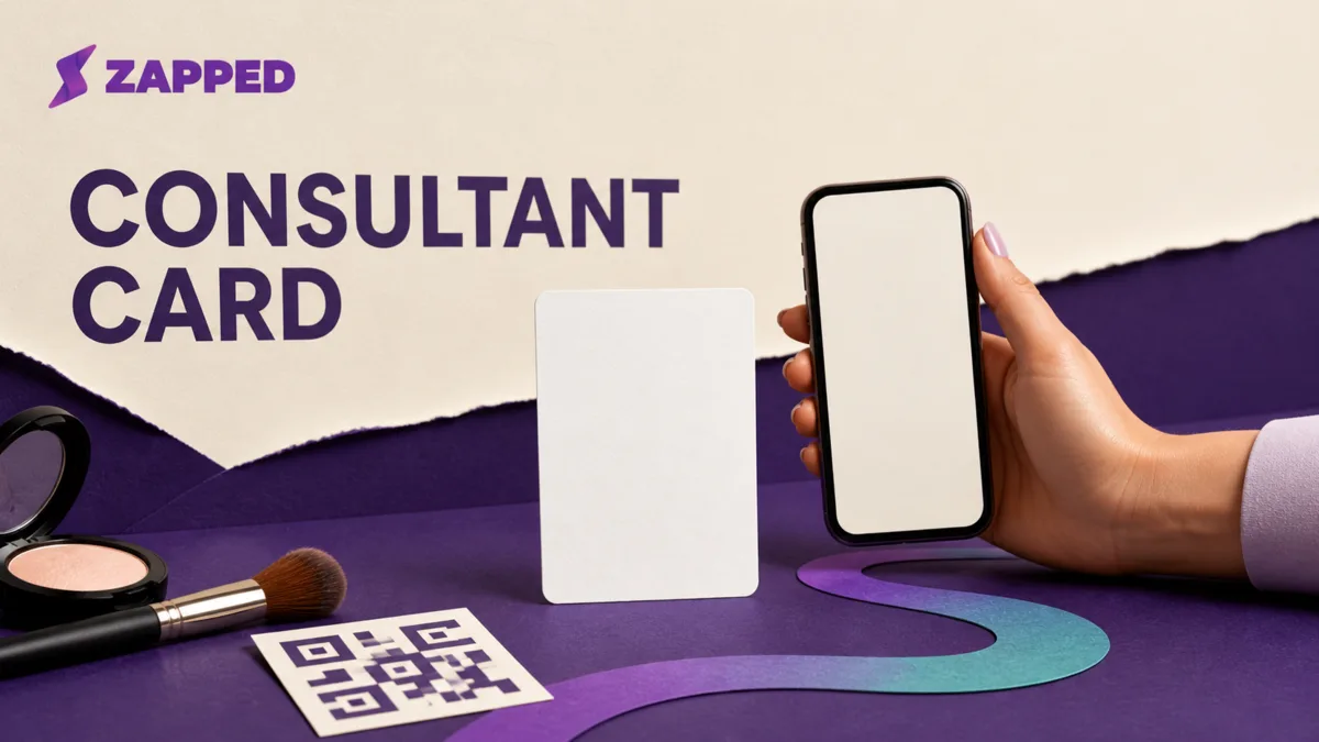 A beauty consultant holding a phone beside a simple digital contact card with a QR symbol and blank profile fields