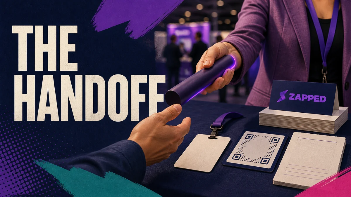 Trade show booth team choosing between a badge scan, QR exchange, and paper fallback