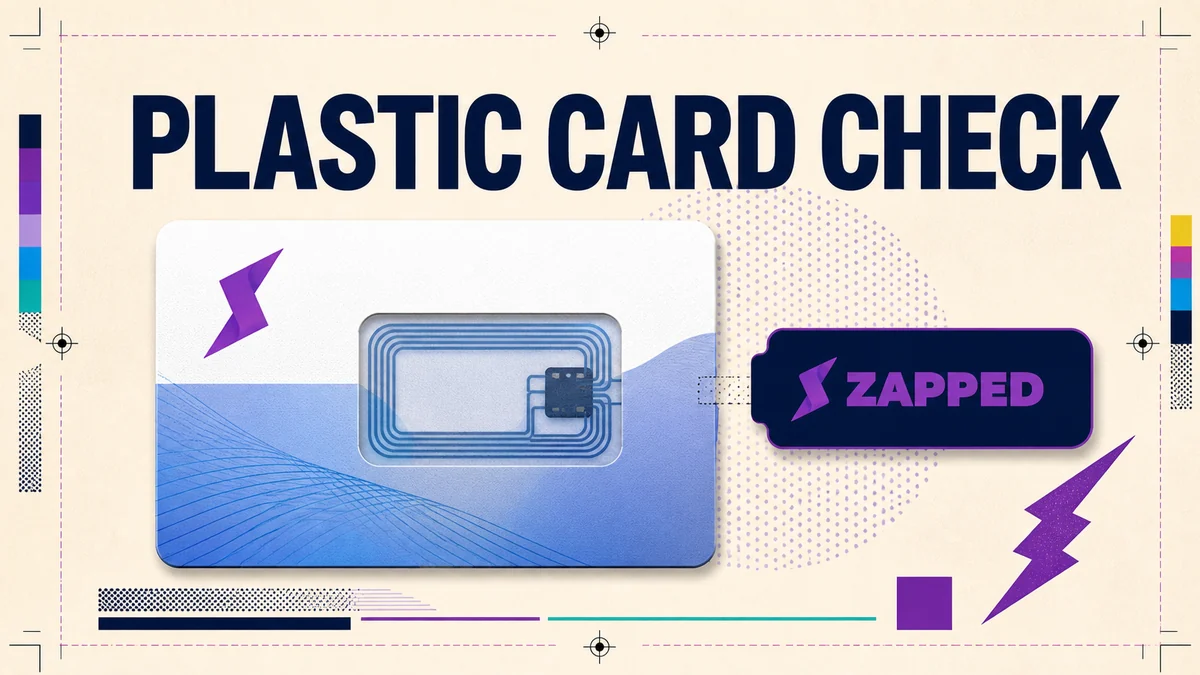 A plastic NFC business card beside a QR fallback and a browser profile, illustrating the physical and digital layers to verify before purchase