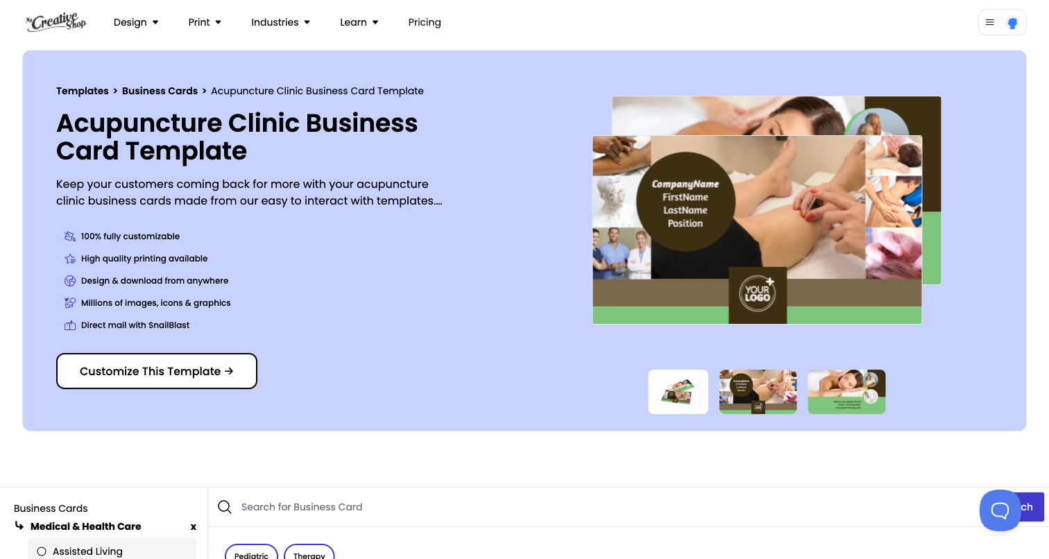 MyCreativeShop acupuncture clinic business card template page showing a clinic card layout