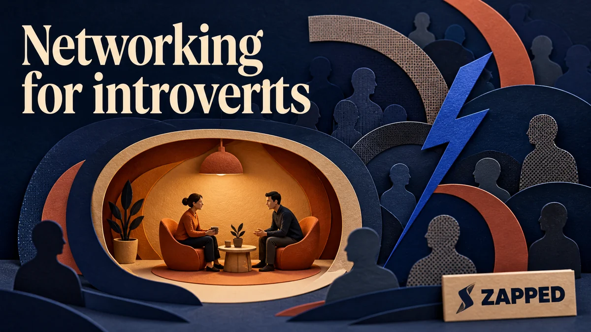 Two professionals having a focused one to one conversation in a calm networking setting