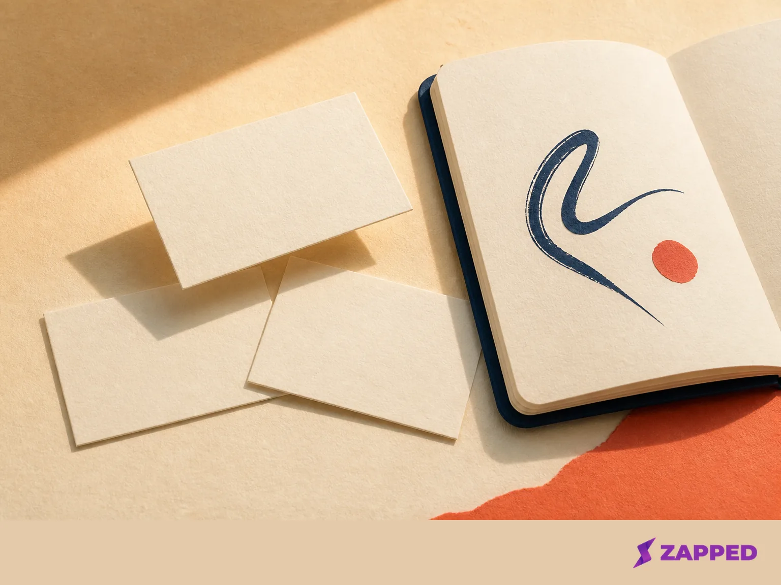 Blank contact cards beside a notebook with one abstract handwritten mark, representing a conference follow-up memory hook