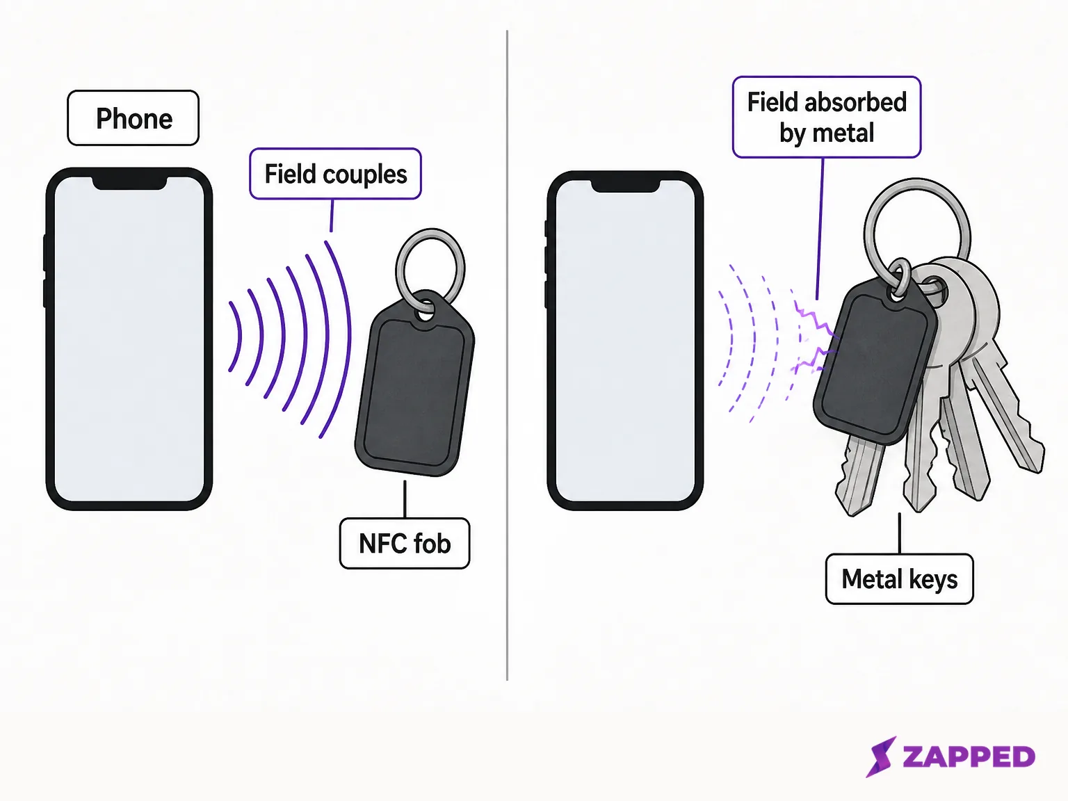 Diagram comparing a phone coupling with an NFC fob held away from keys against the same fob pressed against a ring of metal keys, where the field is absorbed instead of reaching the phone