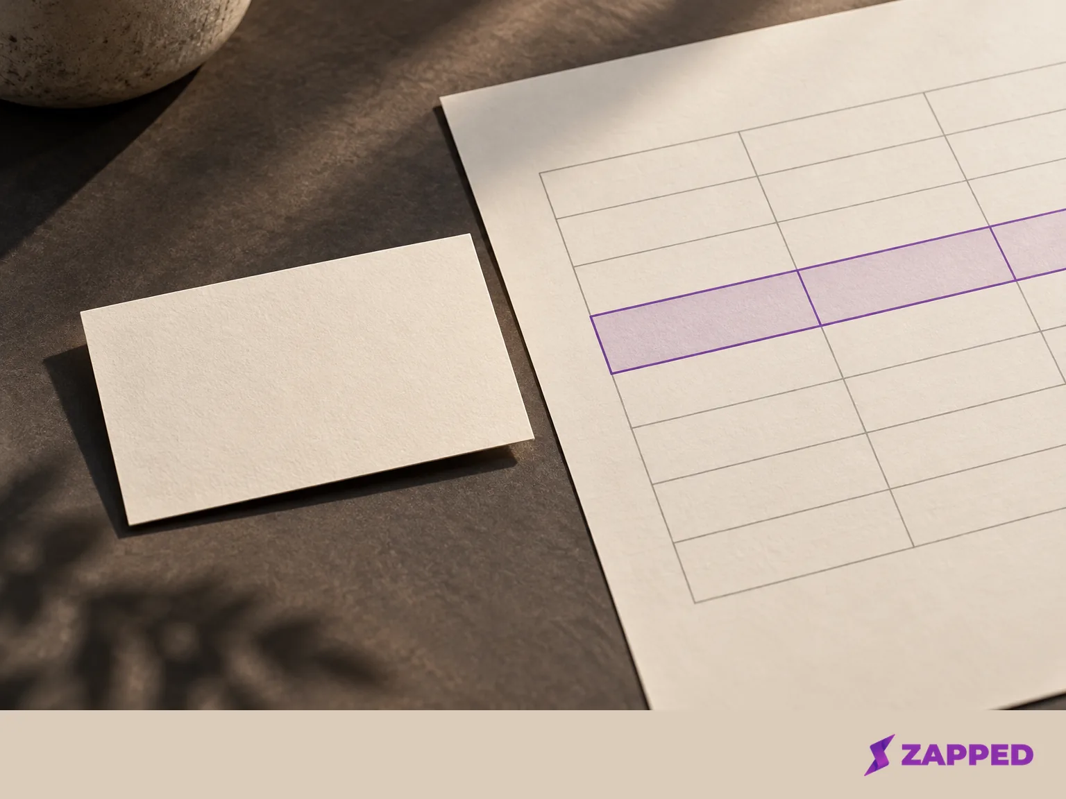 A blank business card beside a clean paper spreadsheet grid with one row outlined in violet.