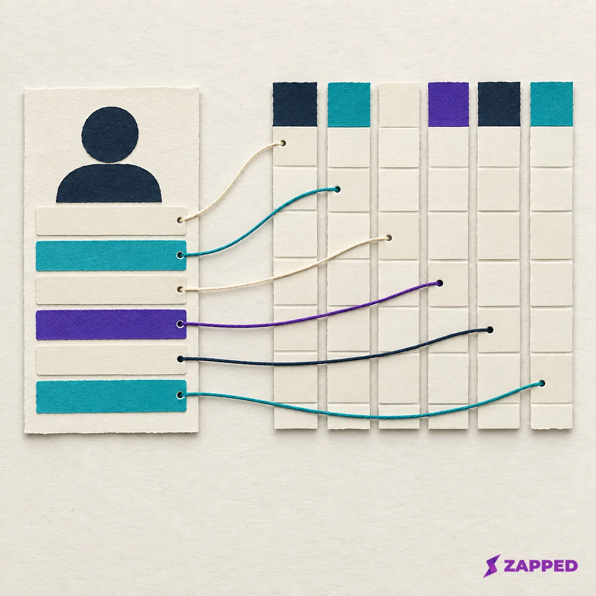 A blank contact card connects separate empty fields to blank CSV columns with colored threads