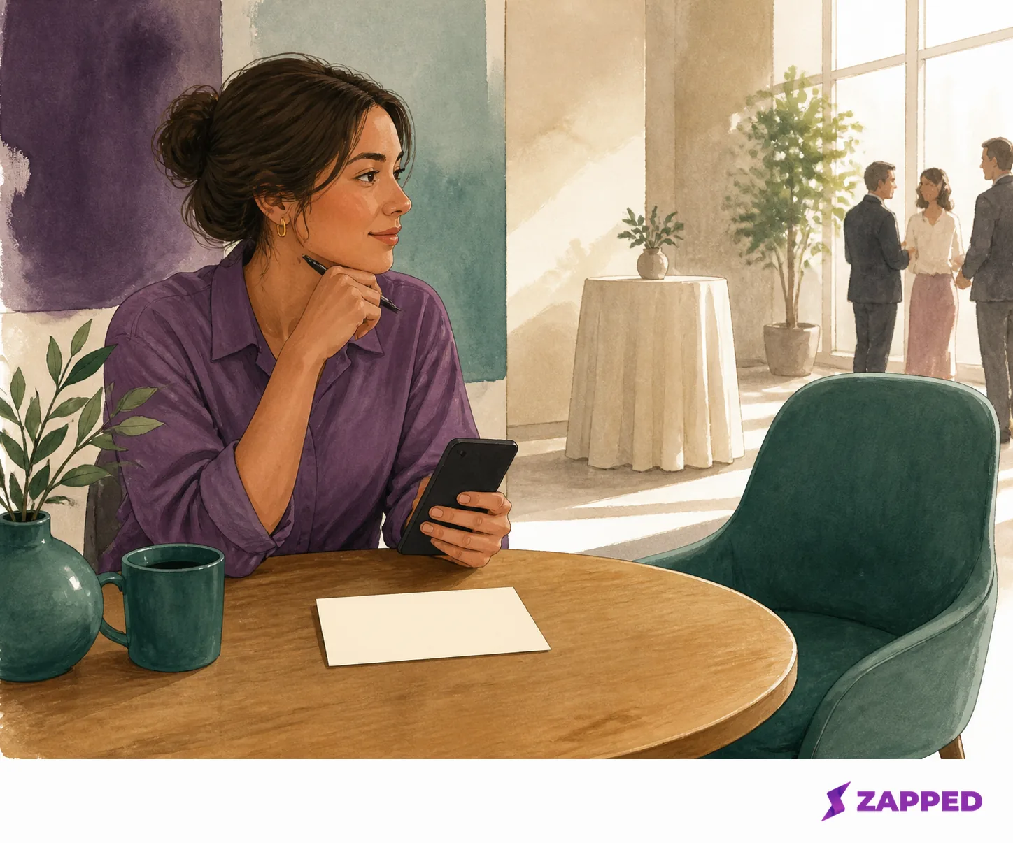 A person prepares beside a blank notecard and a phone at a networking event.