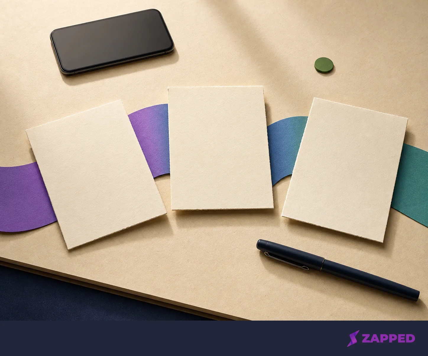 Three blank note cards, a phone, and a pen arranged as a networking follow-up loop