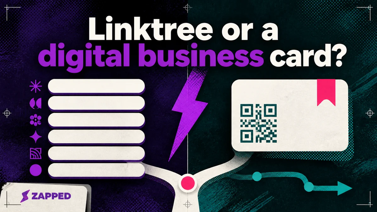 Split editorial illustration showing a link hub on one side and a contact card with a QR mark on the other.