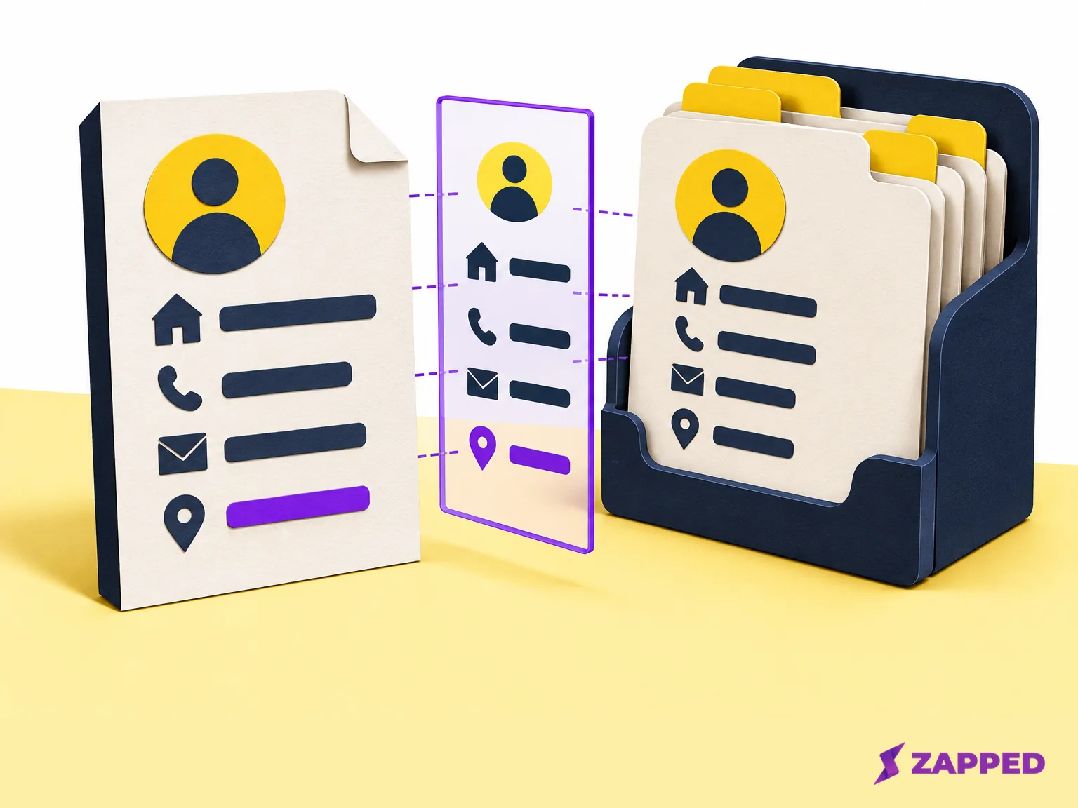 Corrected contact file paused before an address book, with a comparison frame between them.