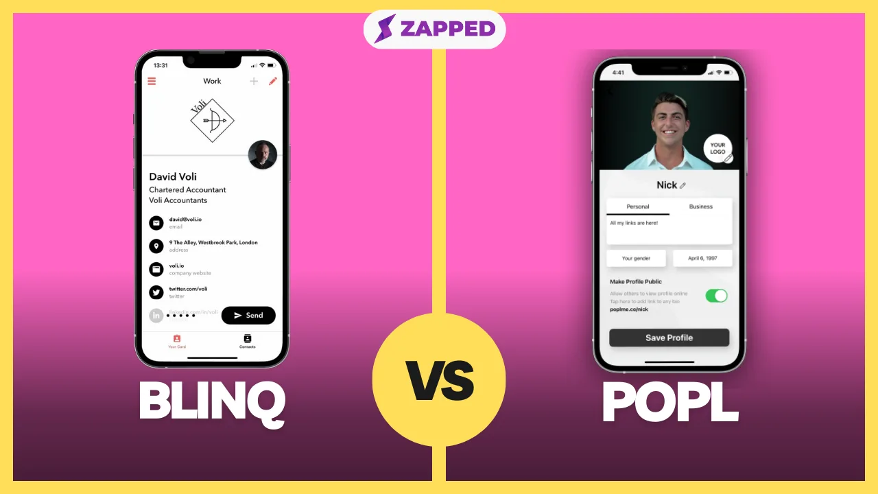 Blinq and Popl comparison graphic for digital business card buyers