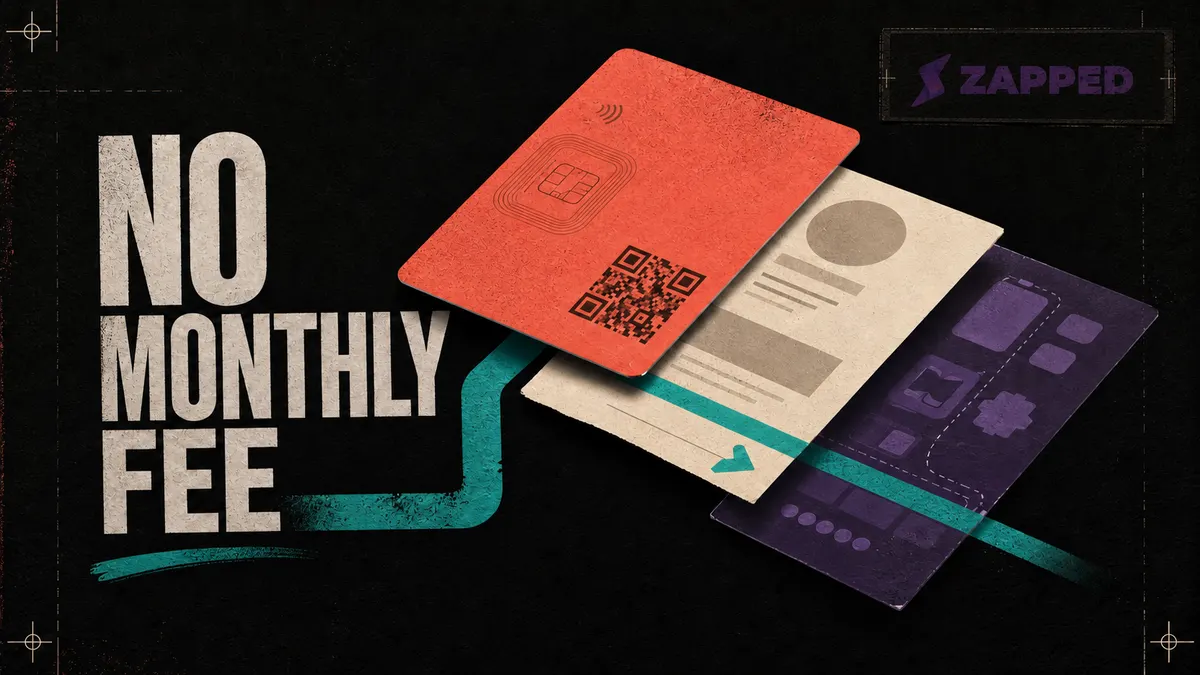 Zapped-branded editorial card, destination, and optional software layers connected by a direct path with no monthly fee