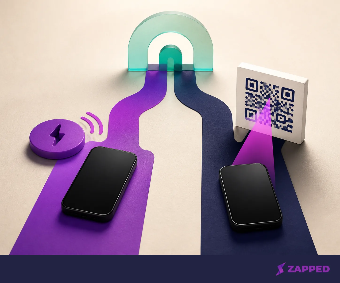 Editorial illustration of an NFC tag and QR WiFi sign taking separate paths toward a guest network gateway