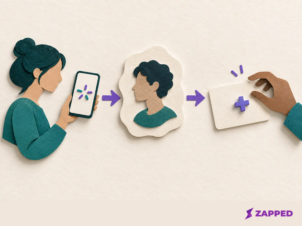 A left to right illustration shows a phone being presented, a profile opening, and a recipient choosing whether to invite.