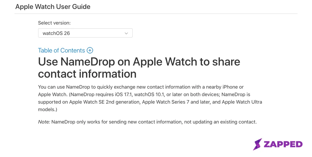 Screenshot of Apple's Watch User Guide showing the iOS and watchOS versions NameDrop requires, the supported Apple Watch models, and the note that it only sends new contact information