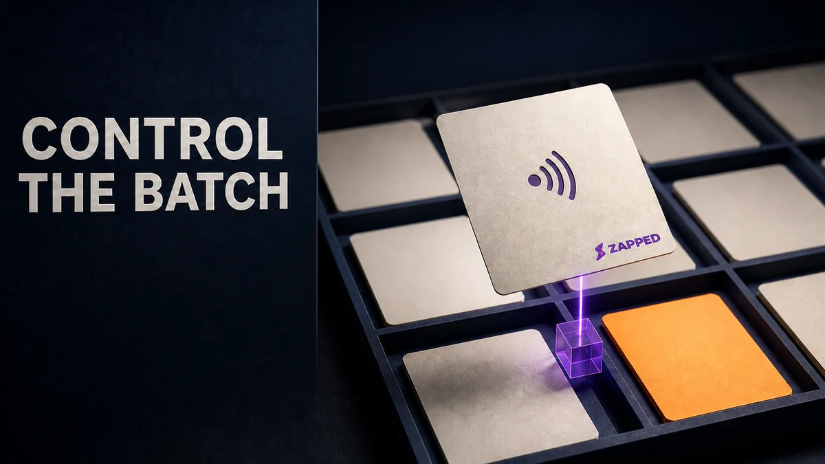 A branded NFC business card lifted above a tray of cards, with an orange card set apart as an exception.