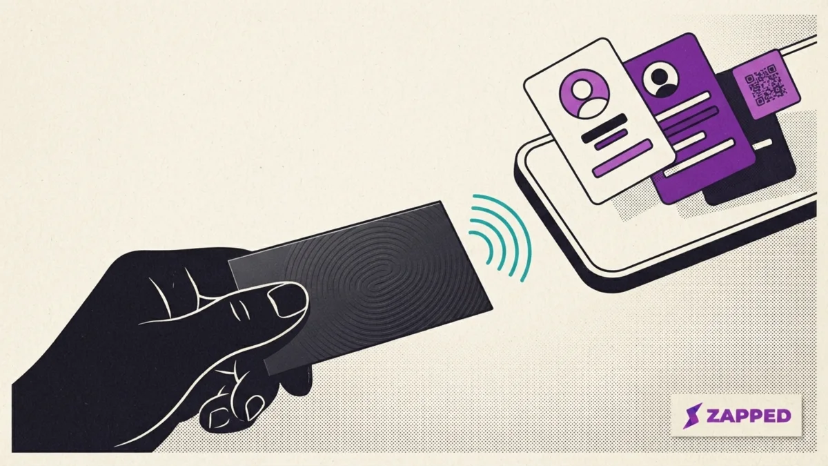 Illustration of a tap handoff, with a hand holding an NFC card near a phone and a stylized contact profile shown on the phone screen